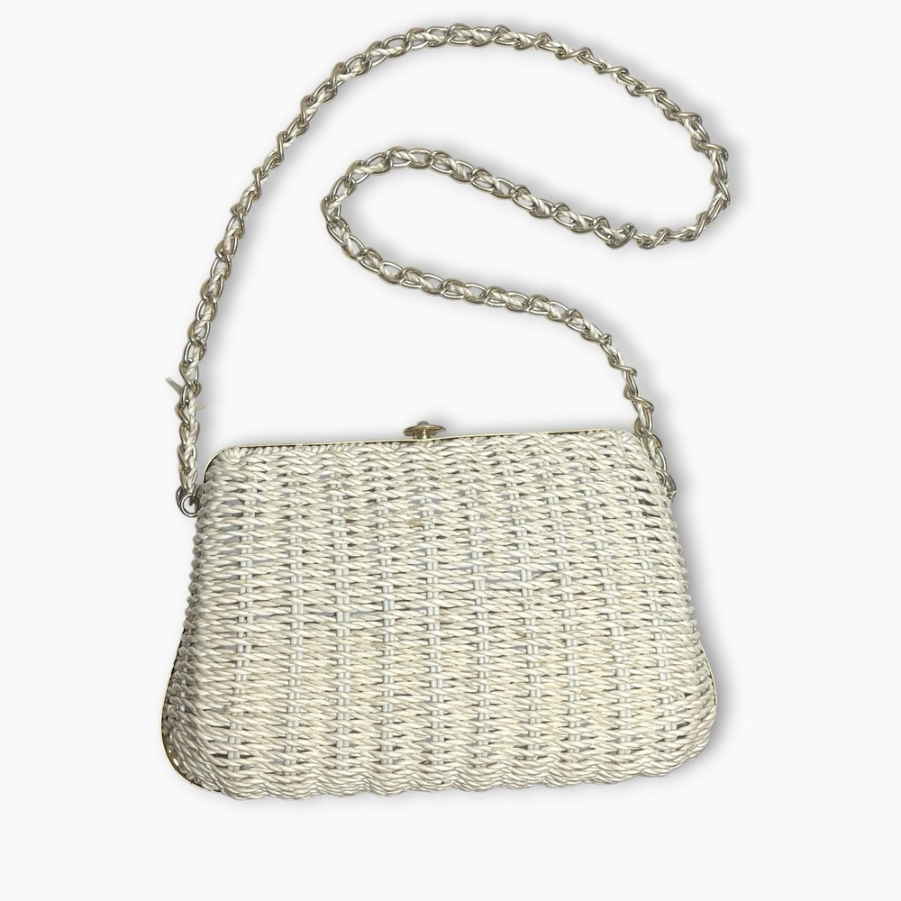Vintage 60s Magid White Wicker Bag Purse Gold Chain Shoulder Strap
